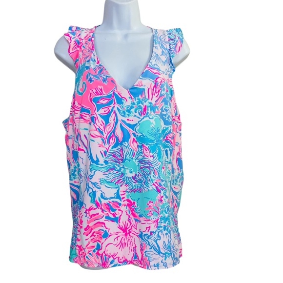 Lilly Pulitzer Tops - Lilly Pulitzer Luxletic Ruffle Sleeve Racer Back Tank Top XL